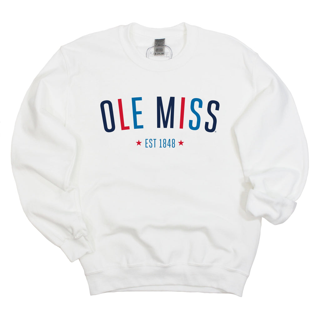 University of Mississippi Star Arch Crewneck Fleece in White