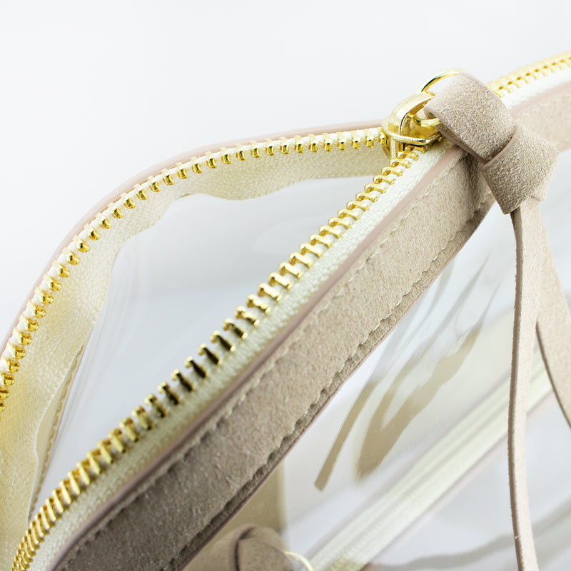 Half Moon Crossbody - Tan Suede and Clear