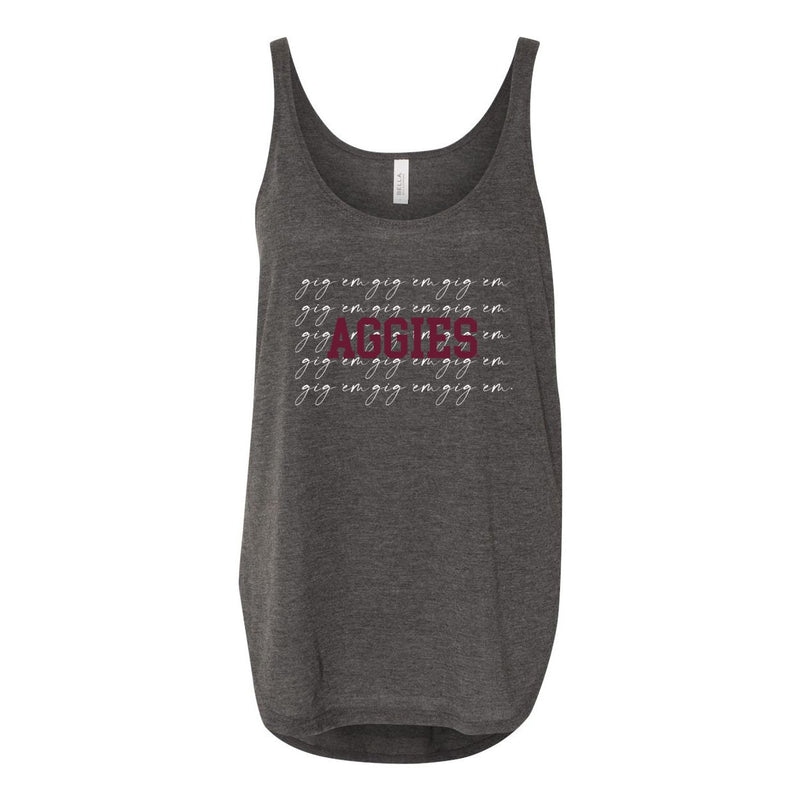 Texas A&M University College Script Women's Flowy Tank with Side Slit in Charcoal
