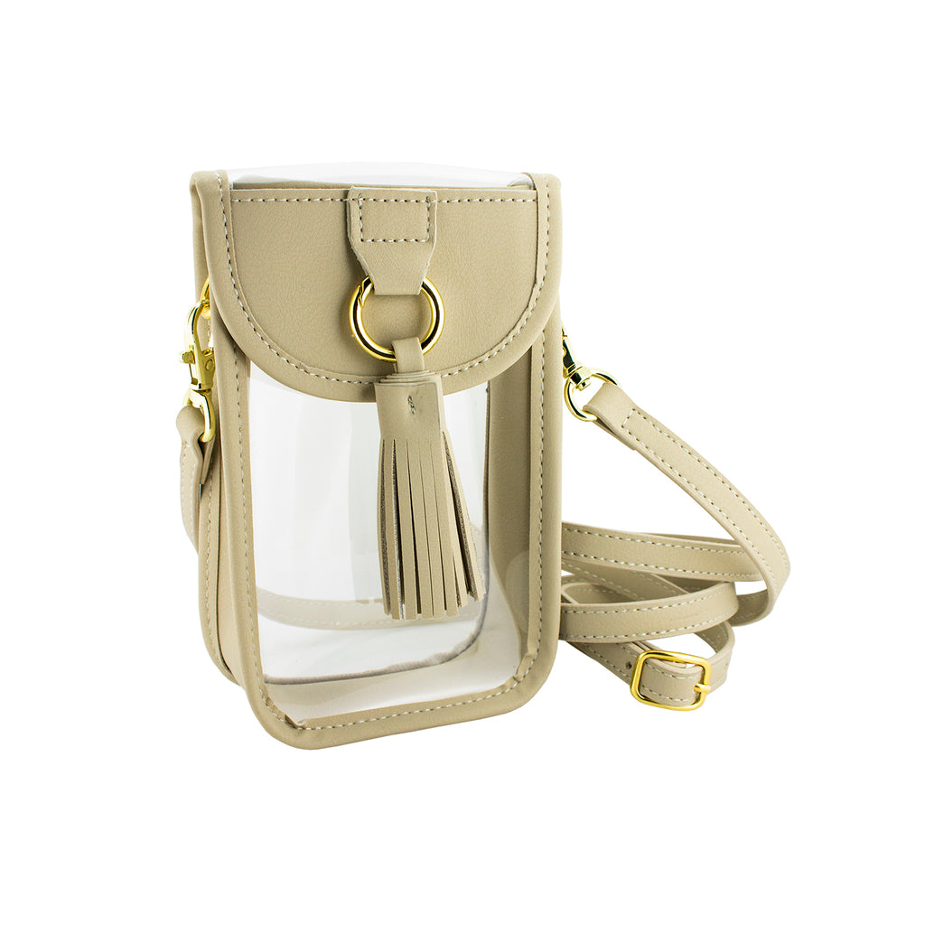 Cell Phone Crossbody - Clear Bag with Tan and Gold Accents