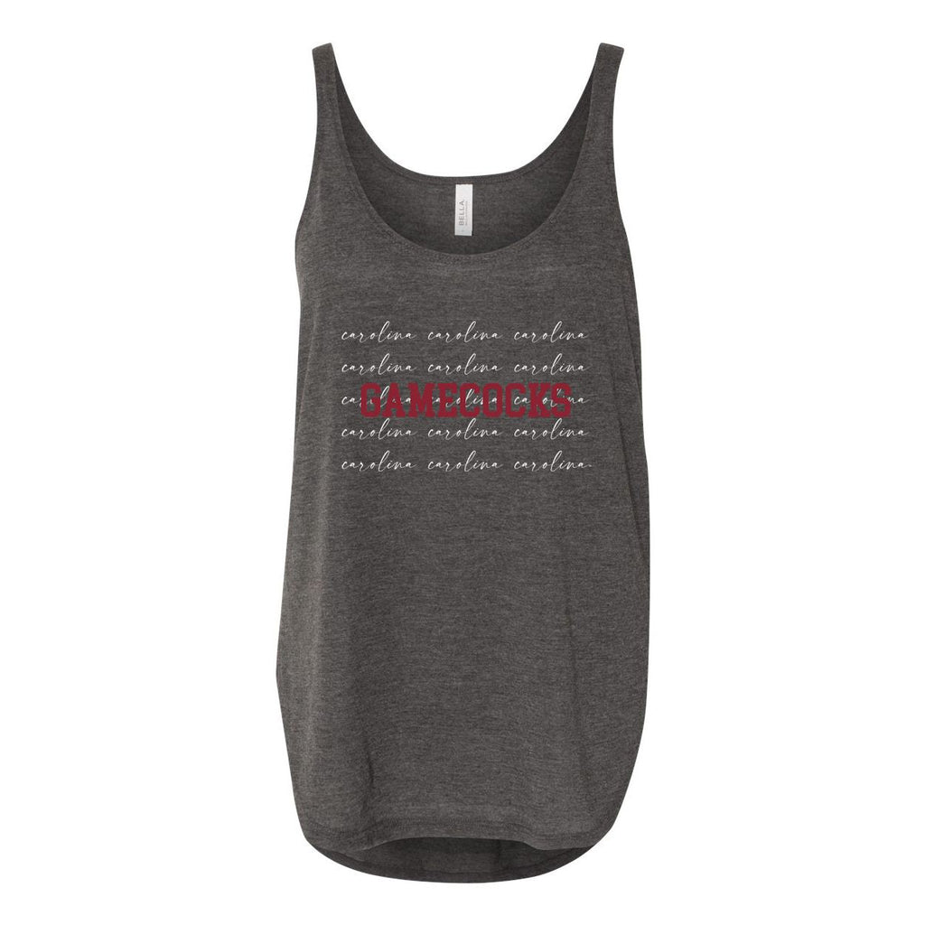 University of South Carolina College Script Women's Flowy Tank with Side Slit in Charcoal