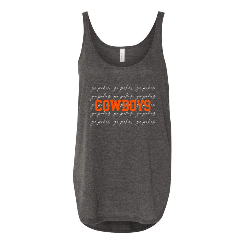 Oklahoma State University College Script Women's Flowy Tank with Side Slit in Charcoal