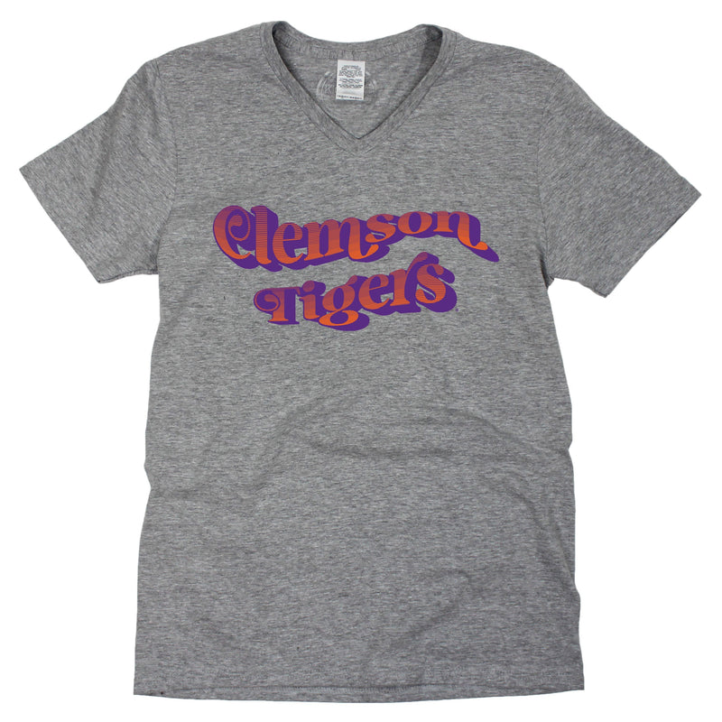 Clemson Universtiy Retro Wave V-neck Short Sleeve T-shirt in Gray