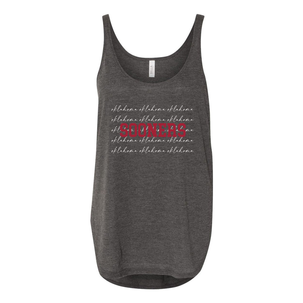 University of Oklahoma College Script Women's Flowy Tank with Side Slit in Charcoal